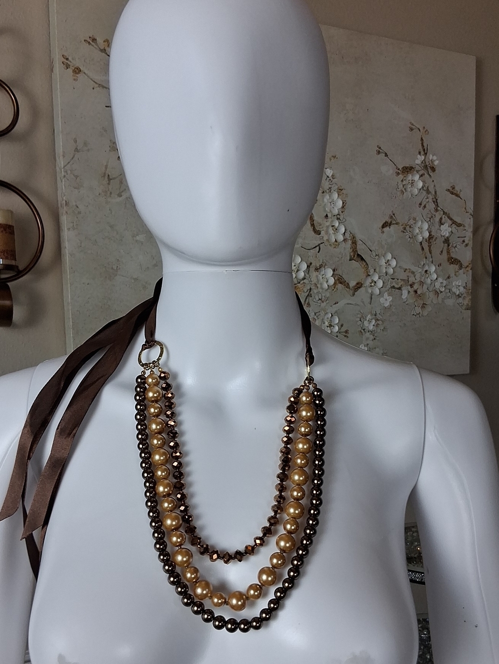 Women's Elegant Brown And Gold Faux Pearl Multi-Strand Statement Necklace - Picture 6 of 14